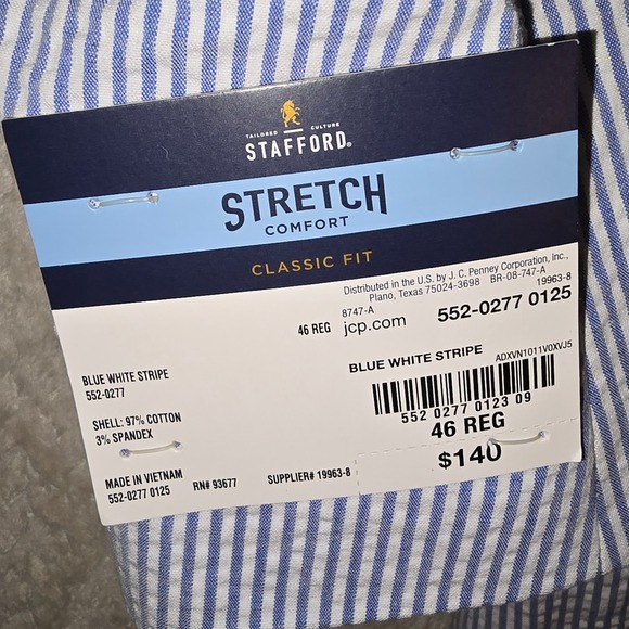 Stafford Mens Classic Fit Stretch Comfort Seersucker Blue White Stripe 46 REG - Picture 3 of 6